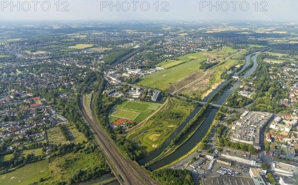 Aerial view, Hamm-Lippewiesen airfield, Lippe floodplain, Hamm lock, Lippe river, Datteln-Hamm