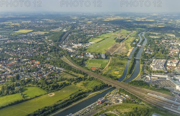 Aerial view, Hamm-Lippewiesen airfield, Lippe floodplain, Hamm lock, Lippe river, Datteln-Hamm