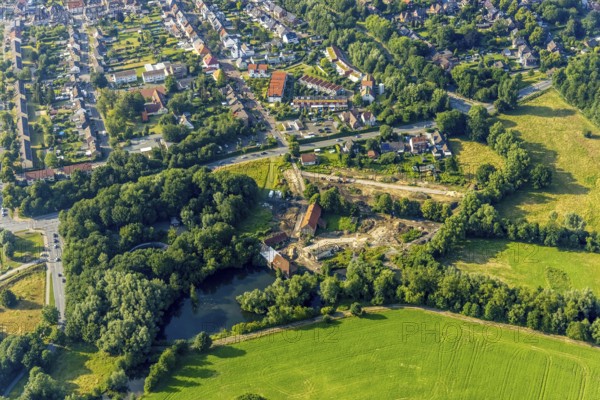 Aerial view, construction site for housing at the Schlossmühle am Mühlenteich, Heessen, Hamm, Ruhr