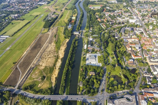 Aerial view, Hamm-Lippewiesen airfield, construction site for protective dam at Jupp-Eickhoff-Weg,