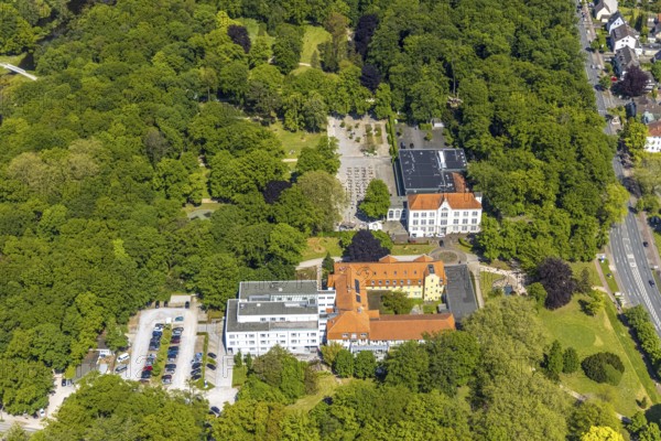 Aerial view of the spa hotel Hamm, spa hotel Bad Hamm, largest beer garden in Hamm, next to the