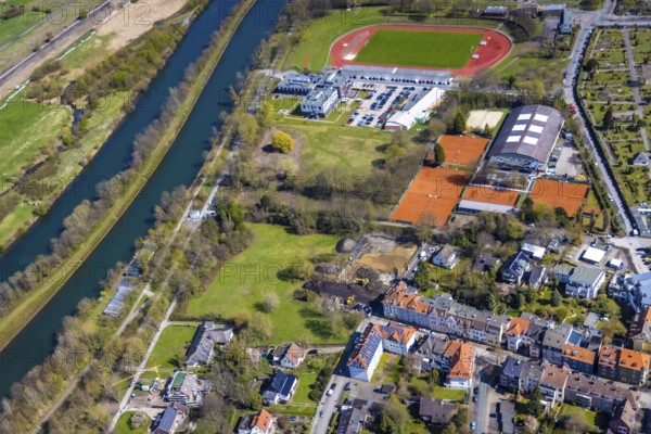 Aerial view, Hamm-Ost sports centre with Jahnstadion and tennis court, reha Bad Hamm, river Lippe