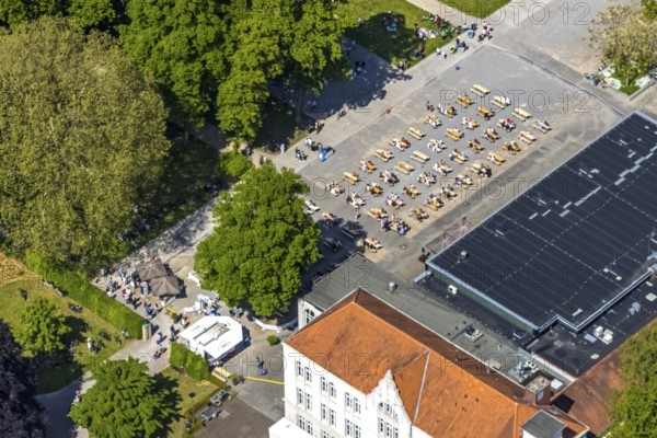 Aerial view of the spa hotel Hamm, spa hotel Bad Hamm, largest beer garden in Hamm, next to the