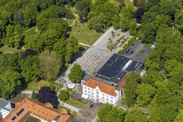Aerial view of the spa hotel Hamm, spa hotel Bad Hamm, largest beer garden in Hamm, next to the