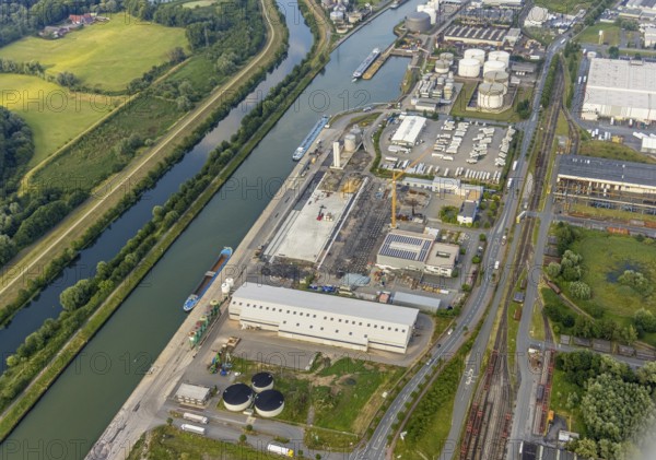 Aerial view, harbour with Lanfer logistics and loading terminal on the former Hugo Schneider site,