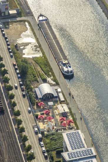 Aerial view, beer garden Pirates ANKER & HERZ in Hafenstraße, Mitte, Hamm, Ruhr area, North
