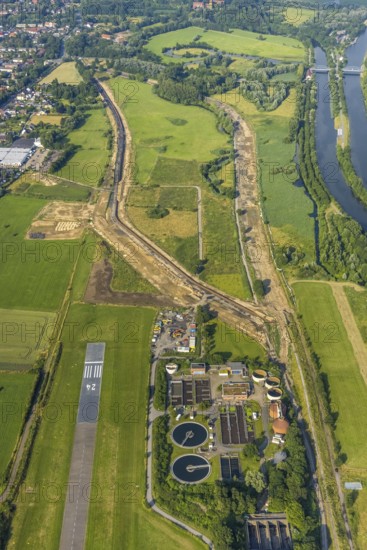 Aerial view, Lippe river reconstruction, Lippe dam extension, dam relocation, Hamm sewage treatment