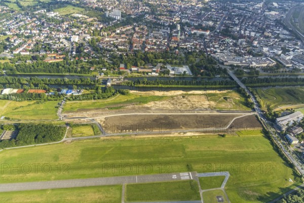 Aerial view, city centre view, construction site for protective dam at Jupp-Eickhoff-Weg, water