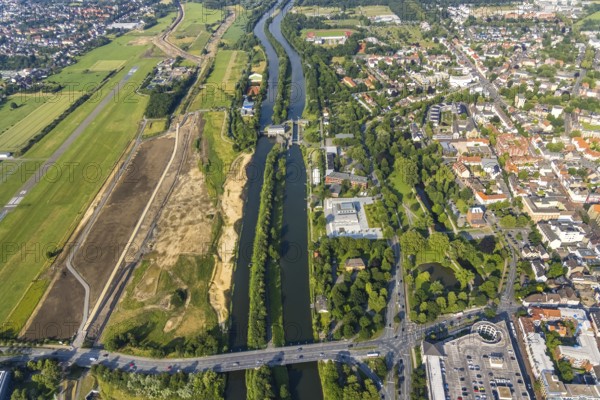 Aerial view, Hamm-Lippewiesen airfield, construction site for protective dam at Jupp-Eickhoff-Weg,