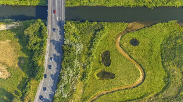 Aerial view, Lippe floodplain at the Münsterstraße bridge, Heessen, Hamm, Ruhr area, North