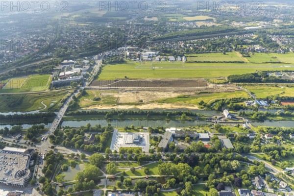 Aerial view, Hammonense grammar school, new water sports centre, construction site for protective