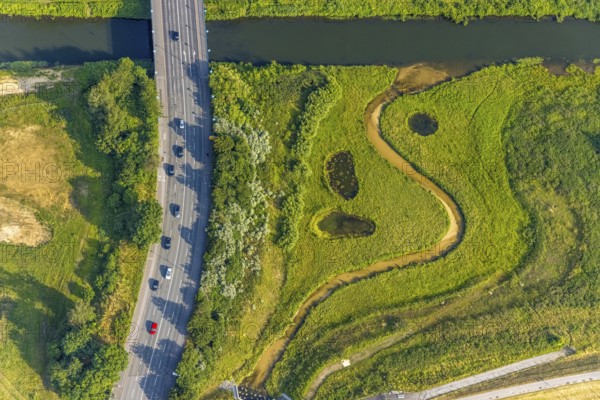Aerial view, Lippe floodplain at the Münsterstraße bridge, Heessen, Hamm, Ruhr area, North