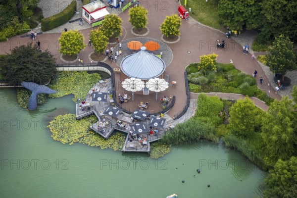Aerial view, Maximilianpark leisure park, kiosk at the lake, Uentrop, Hamm, Ruhr area, North