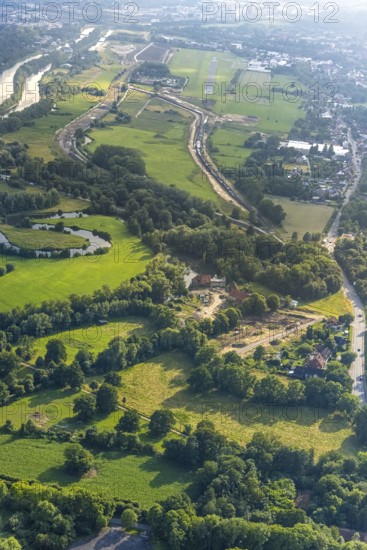 Aerial view, construction site for housing at the Schlossmühle am Mühlenteich, approach and