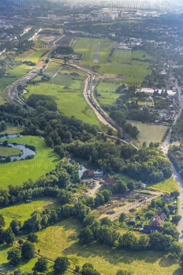 Aerial view, construction site for housing at the Schlossmühle am Mühlenteich, approach and