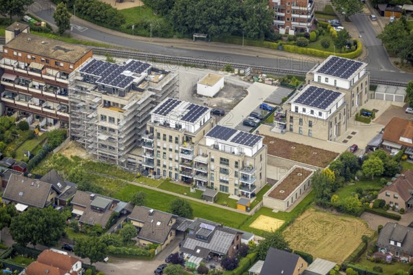 Aerial view, construction site and new construction, Augenweide residential complex, condominiums