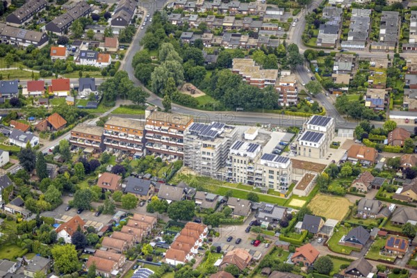 Aerial view, construction site and new construction, Augenweide residential complex, condominiums