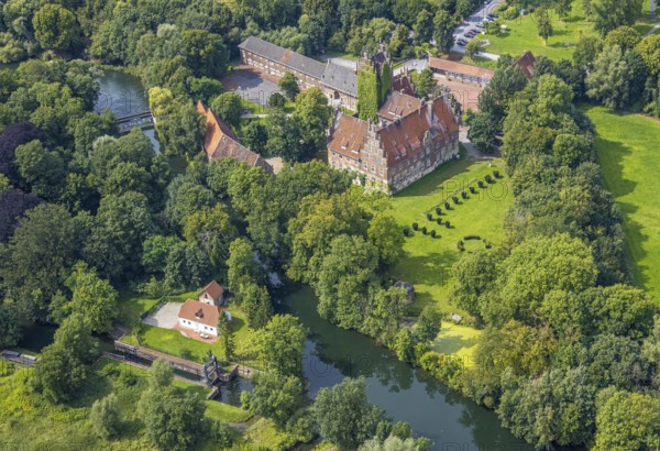 Aerial view, Heessen Castle on the River Lippe with public school and boarding school in the