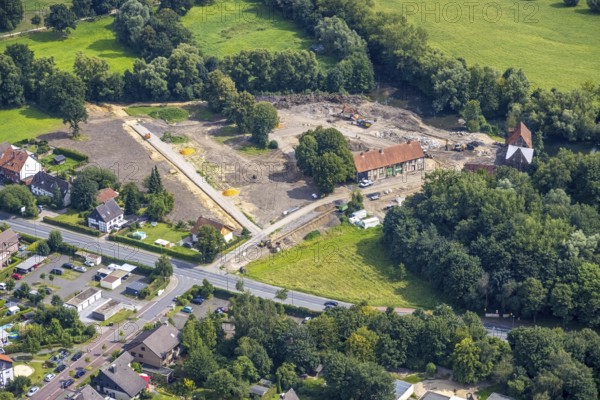 Aerial view, construction site and renovation of the Schlossmühle am Mühlengraben am Mühlenteich in