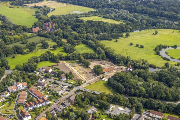 Aerial view, construction site and renovation of the Schlossmühle am Mühlengraben am Mühlenteich
