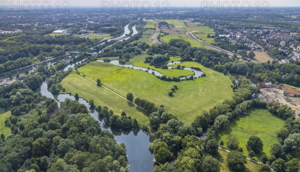 Aerial view, Lippe floodplain and millrace at the Datteln-Hamm canal and river Lippe in Heessen,