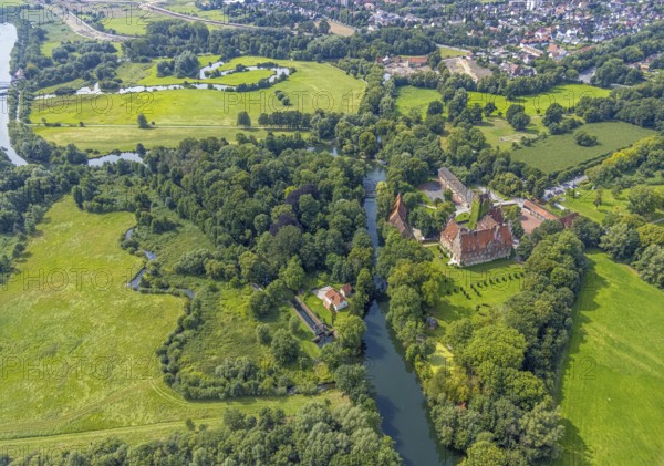 Aerial view, Heessen Castle on the river Lippe with public school and boarding school in the