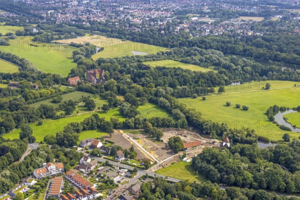 Aerial view, construction site and renovation of the Schlossmühle am Mühlengraben am Mühlenteich
