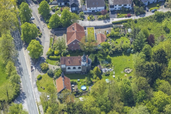 Aerial view, Hof Abtsküche, Chapel St. Jakobus Abtsküche, Hetterscheidt, Heiligenhaus, Ruhr area,