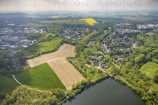 Aerial view, fields at the Abtskücher pond, Hetterscheidt, Heiligenhaus, Ruhr area, North