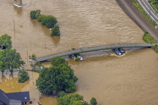 Aerial photo, Ruhr flood, flooding, Dahlhausen floating bridge, Linden, Bochum, Ruhr area, North