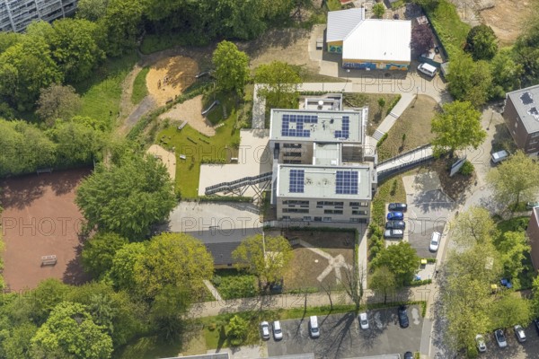 Aerial view, district and support centre Oberilp, former primary school Oberilp, residential area