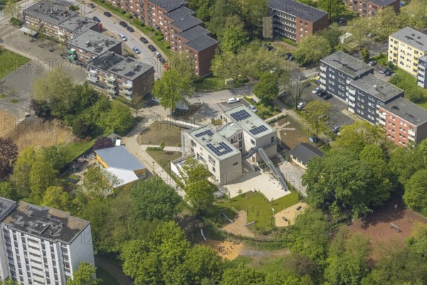 Aerial view, district and support centre Oberilp, former primary school Oberilp, residential area