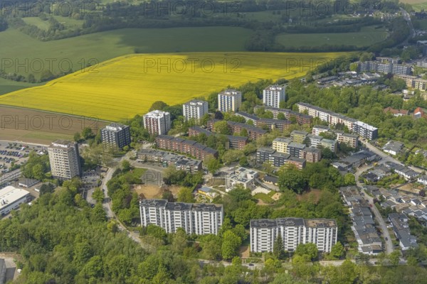 Aerial view, residential area and high-rise buildings Rhönstraße, district and development centre