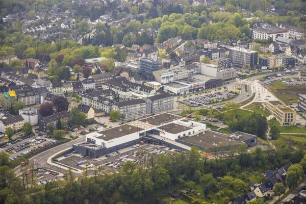 Aerial view, shopping centre Forum Hitzbleck, construction site and new building at Hefelmann-Park,