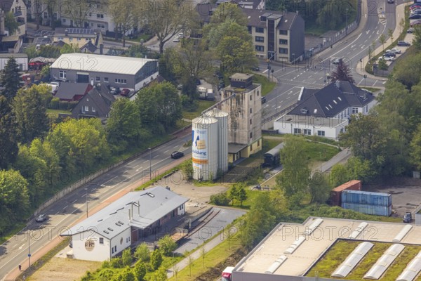 Aerial view, panorama cycle path at the old granary, Leubeck, Heiligenhaus, Ruhr area, North