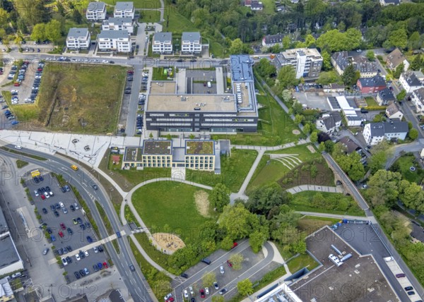 Aerial view, Hefelmannpark and Heiligenhaus public library, Campusallee, Leubeck, Heiligenhaus,