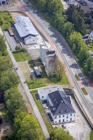 Aerial view, panorama cycle path at the old granary, Leubeck, Heiligenhaus, Ruhr area, North