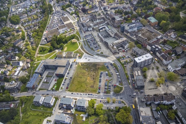 Aerial view, Hefelmannpark and Heiligenhaus public library, Campusallee, Leubeck, Heiligenhaus,