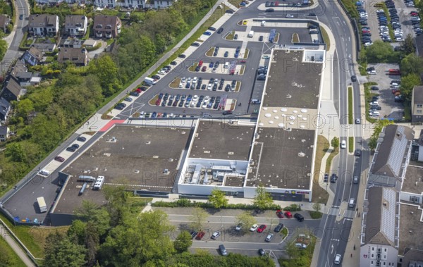 Aerial view, shopping centre Forum Hitzbleck, construction site and new building at Hefelmann-Park,