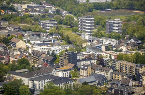 Aerial view, residential area with high-rise buildings, Leubeck, Heiligenhaus, Ruhr area, North