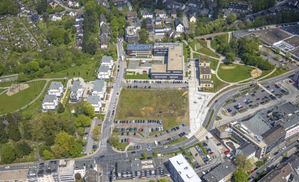 Aerial view, Hefelmannpark and Heiligenhaus public library, Campusallee, Leubeck, Heiligenhaus,