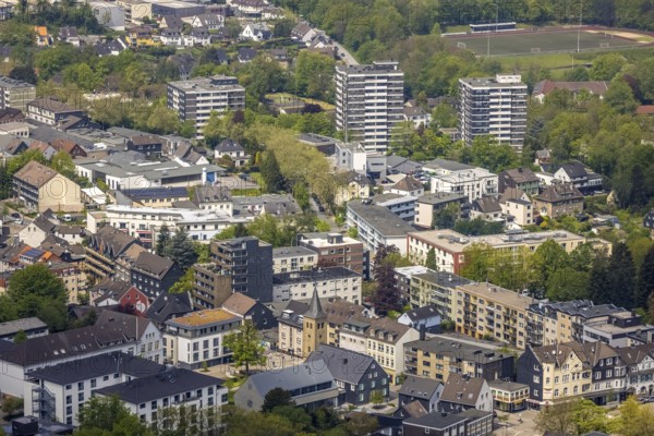 Aerial view, residential area with high-rise buildings, Leubeck, Heiligenhaus, Ruhr area, North