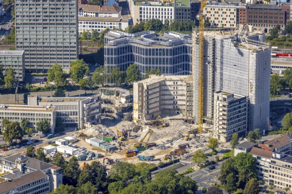 Aerial view, demolition Ypsilon-Haus of RWE headquarters Essen in the Huyssenallee, planned new