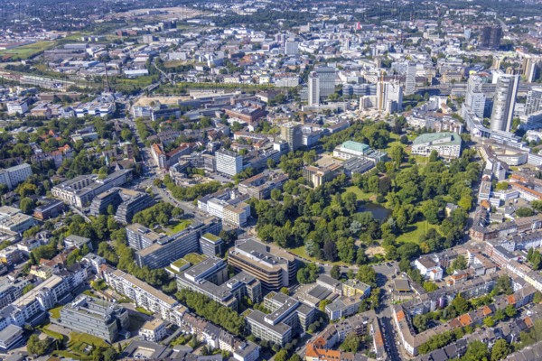 Aerial view, city centre view Essen with demolition Ypsilon-Haus of RWE headquarters Essen and city