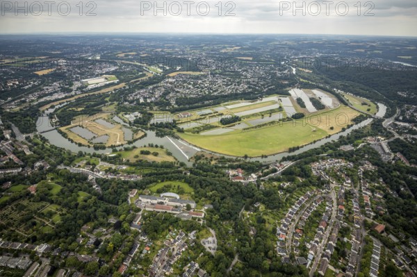 Aerial view, the Ruhr loop near Überruhr, a week ago there was still land under water at this point
