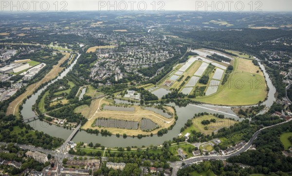 Aerial view, the Ruhr loop near Überruhr, a week ago there was still land under water at this point
