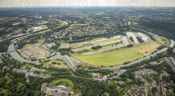 Aerial view, the Ruhr loop near Überruhr, a week ago there was still land under water at this point