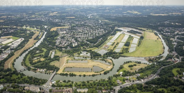 Aerial view, the Ruhr loop near Überruhr, a week ago there was still land under water at this point