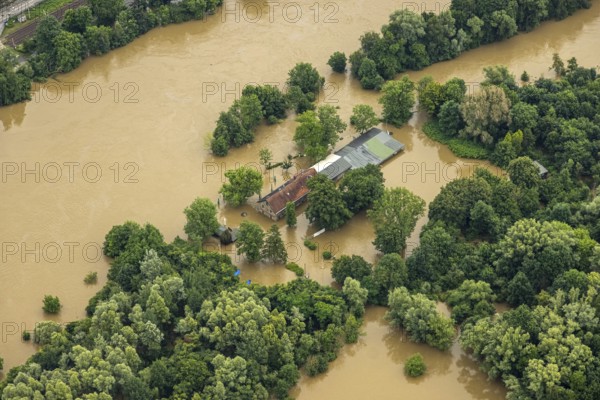 Aerial photograph, Ruhr flood, flooding, flooded ferry house Rote Mühle, Heisingen, Essen, Ruhr