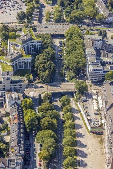 Aerial view, Grugaplatz and Grugaweg with bridge Rüttenscheider Straße, fabric market at the trade